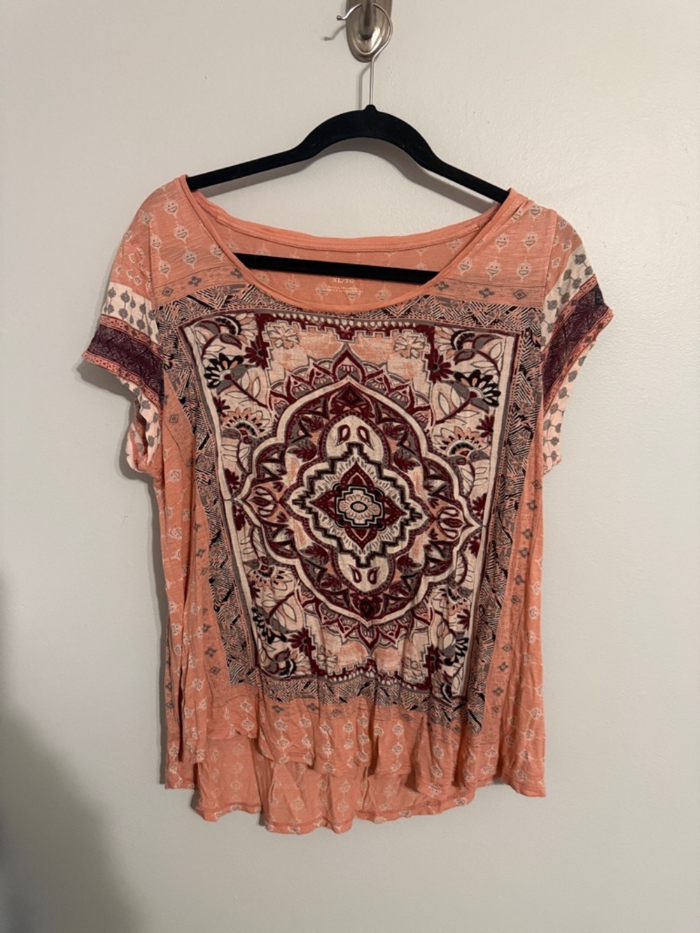 Lucky Brand Boho Mandala Print Burnout Tee - XL - Terracotta Peach & Plum